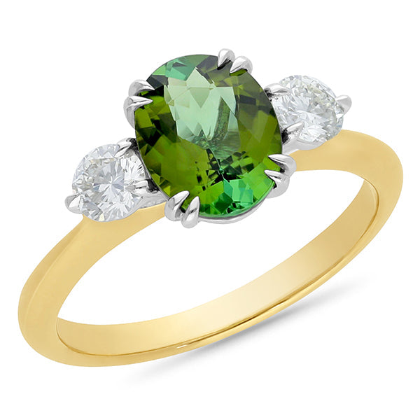 2ct Green Tourmaline & 0.40ct Diamond Ring in 9ct Yellow Gold