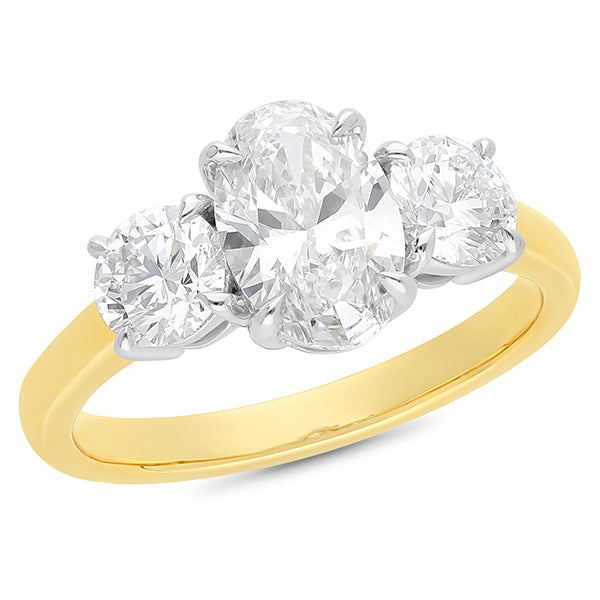 2.5ct Oval Cut Trilogy Lab Grown Diamond Engagement Ring in 18ct Yellow & White Gold