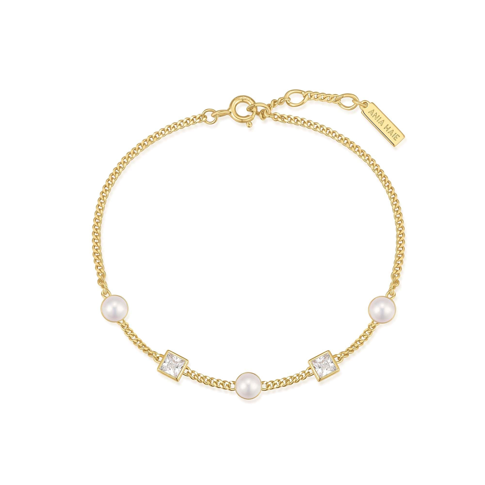 Ania Haie Gold Bezel-Set Cube and Pearl Station Bracelet