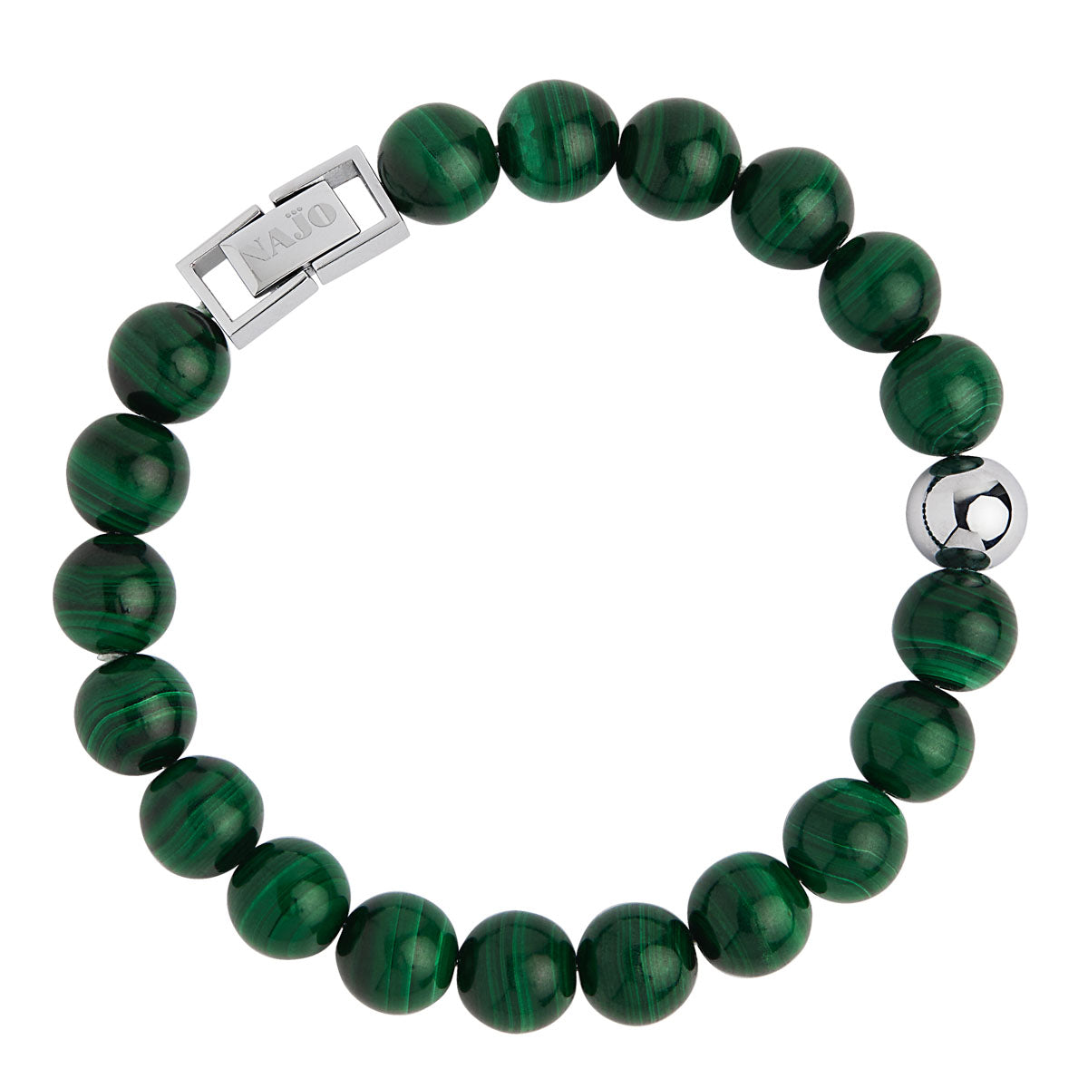 NAJO Atlas 10mm Malachite & Steel Bracelet (21+ext)