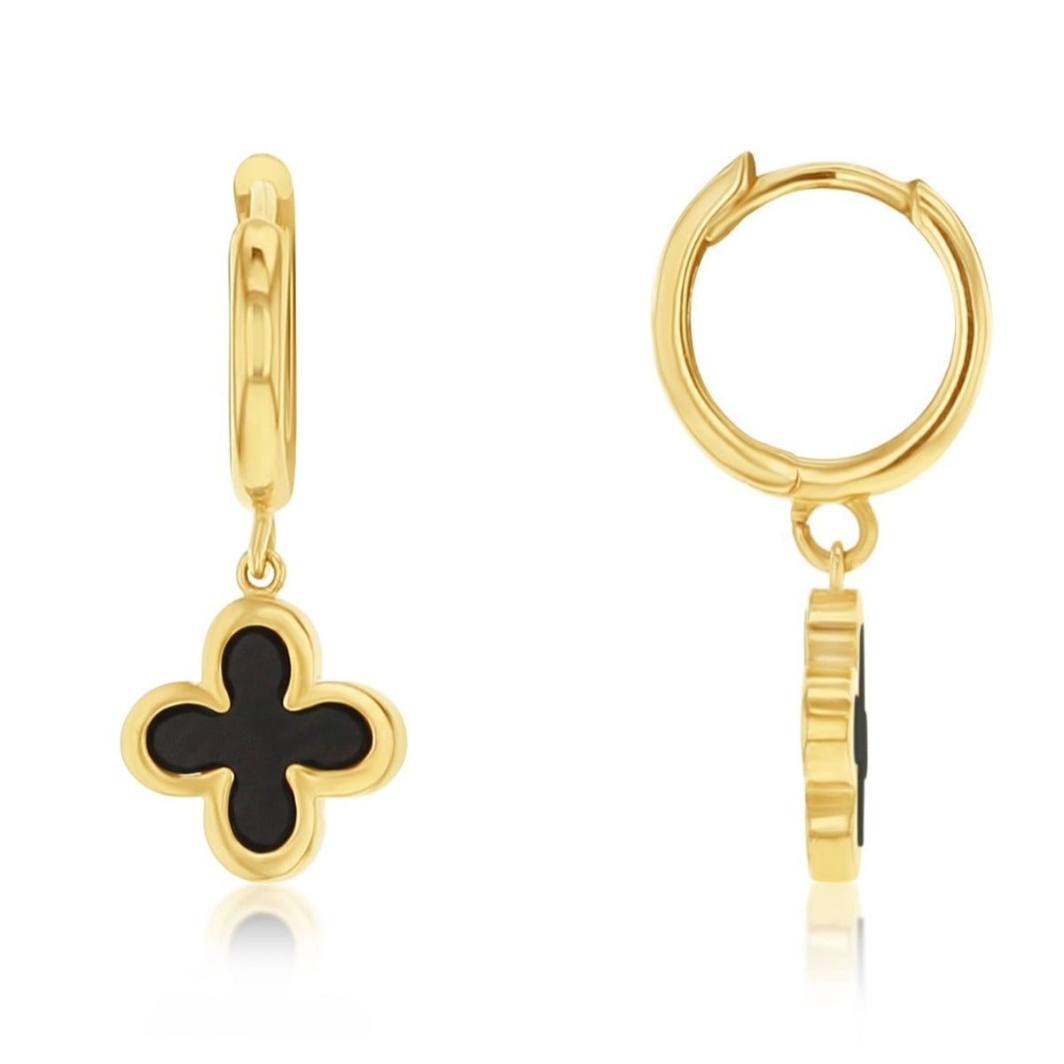 9ct Yellow Gold Onyx Clover Drop Huggie Earrings