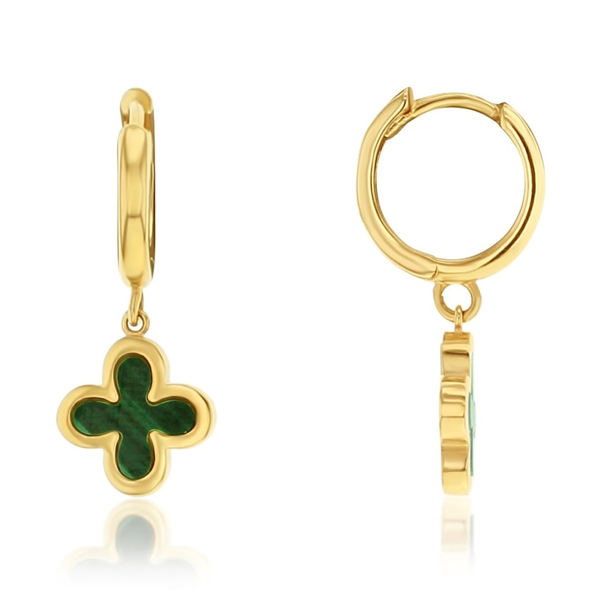 9ct Yellow Gold Malachite Clover Drop Huggie Earrings
