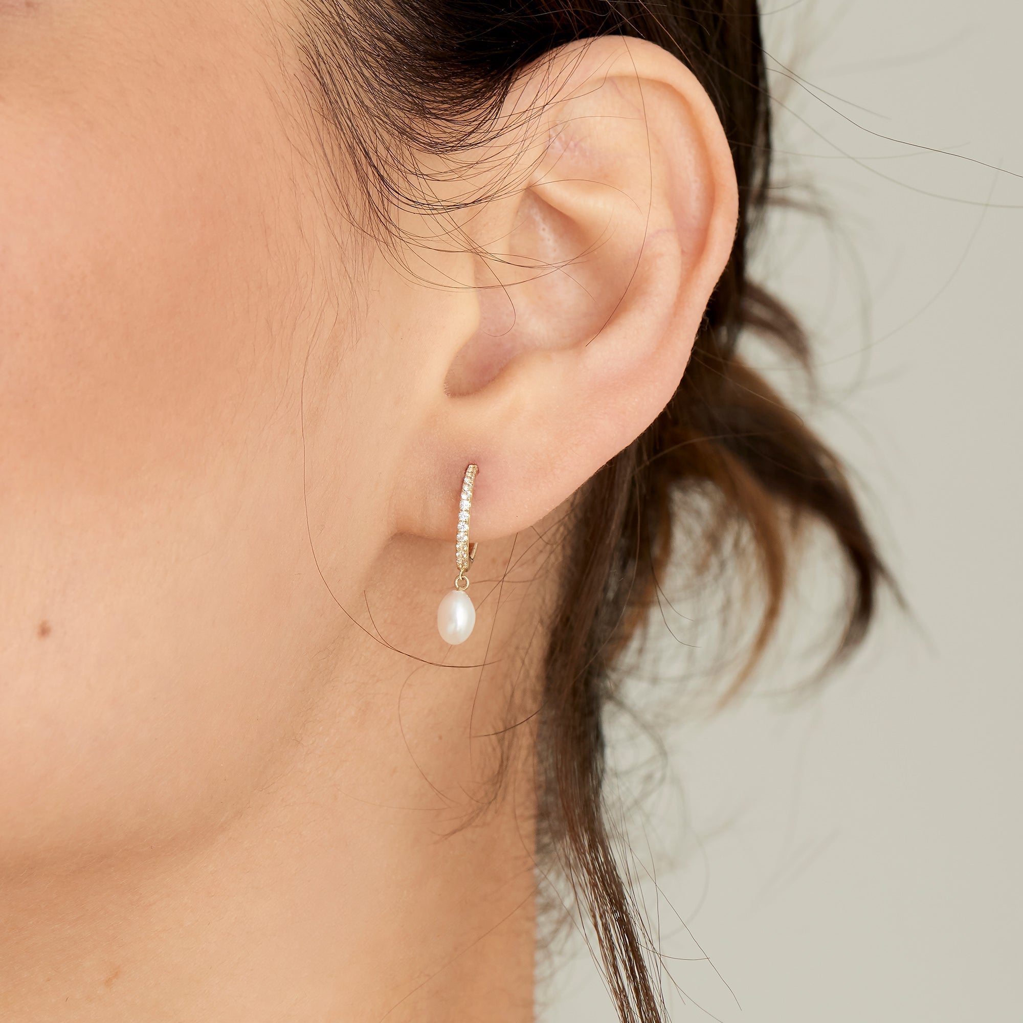 Ania Haie 14ct Gold Pearl Drop and White Sapphire Huggie Hoop Earrings