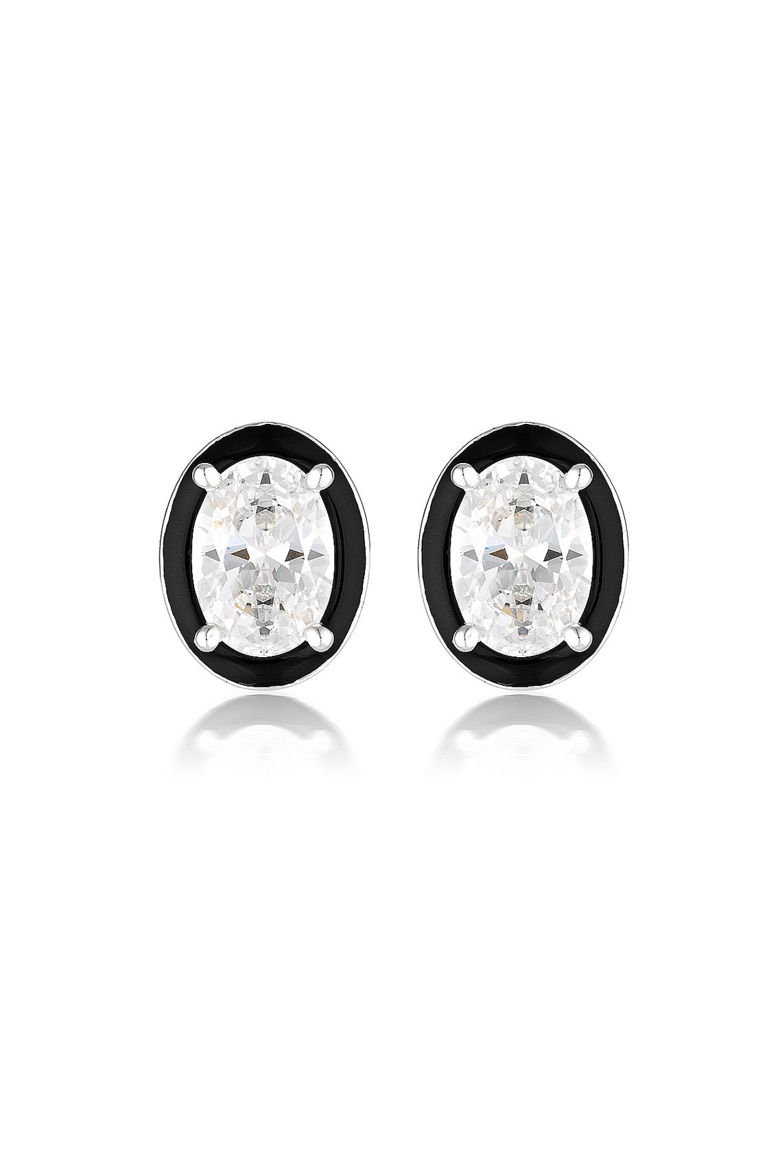 REFLECTION OVAL STUD EARRINGS SILVER & BLACK ENAMEL