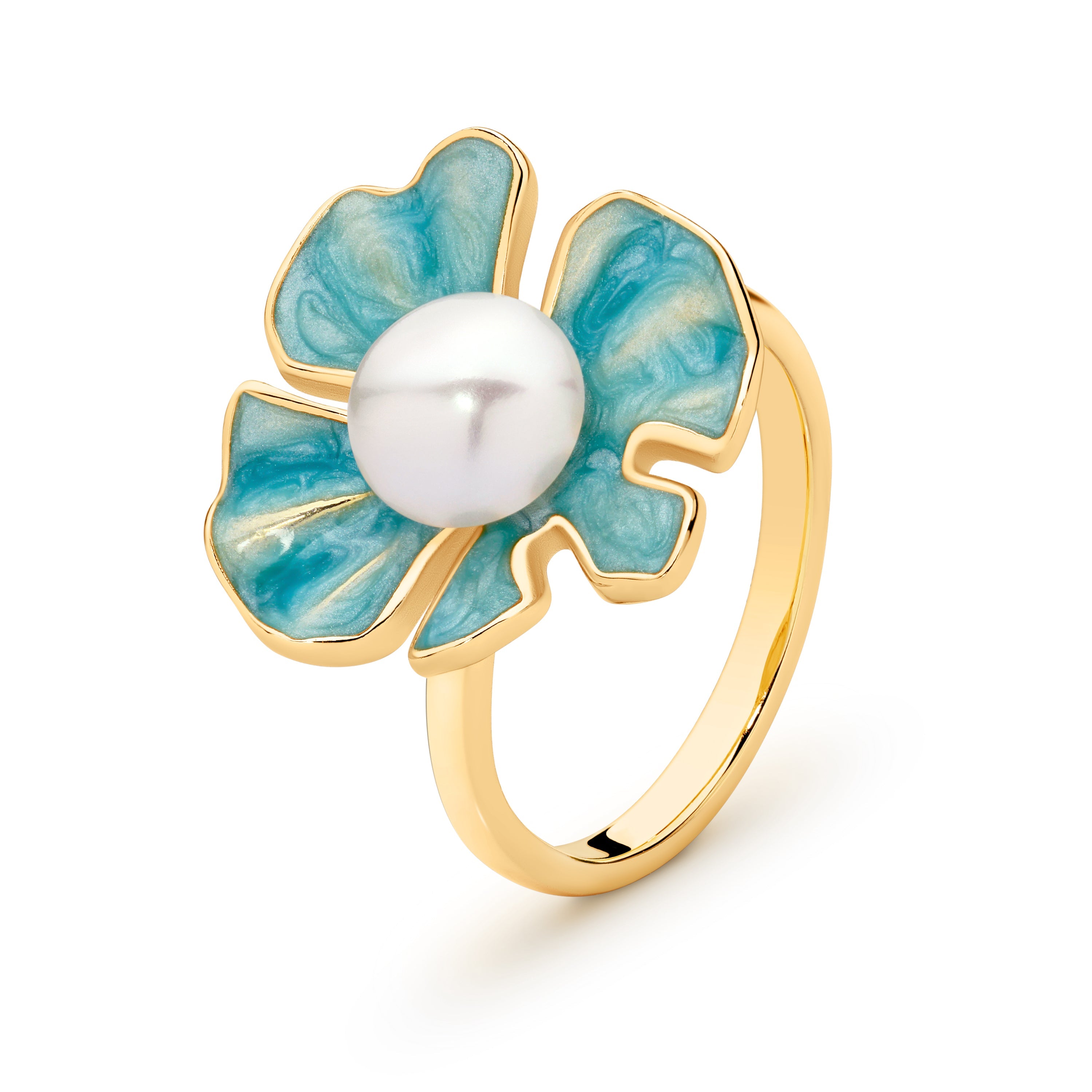 Gold Plated Sterling Silver Pearl & Blue Enamel Ring