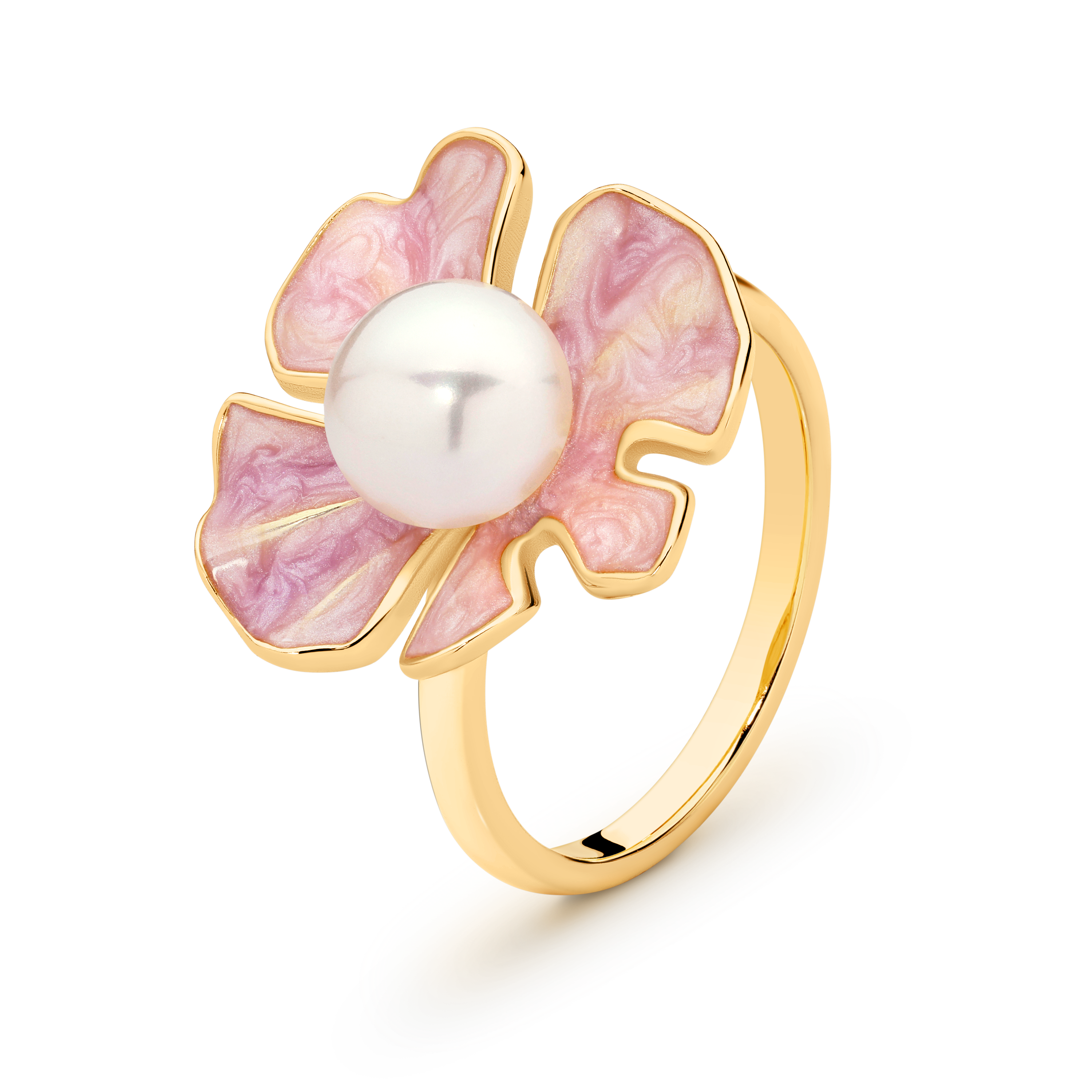 Gold Plated Sterling Silver Pearl & Pink Enamel Ring