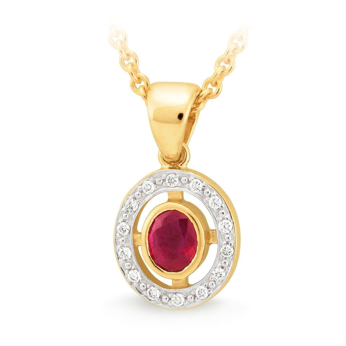 'Rose' 0.41ct Ruby & Diamond Bezel-Bead Set Pendant in 9ct Yellow Gold