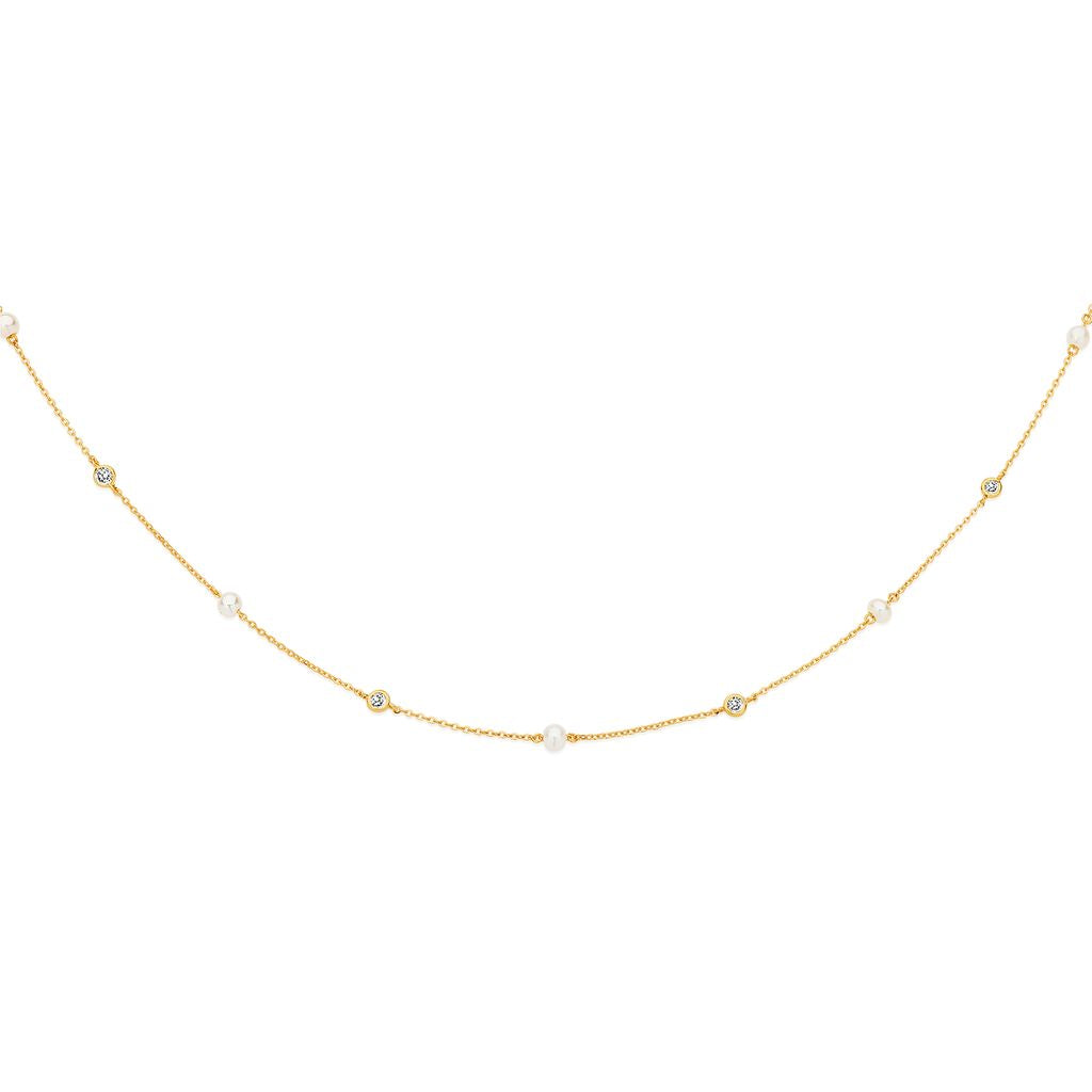 9ct gold delicate freshwater pearl and cubic zirconia necklet