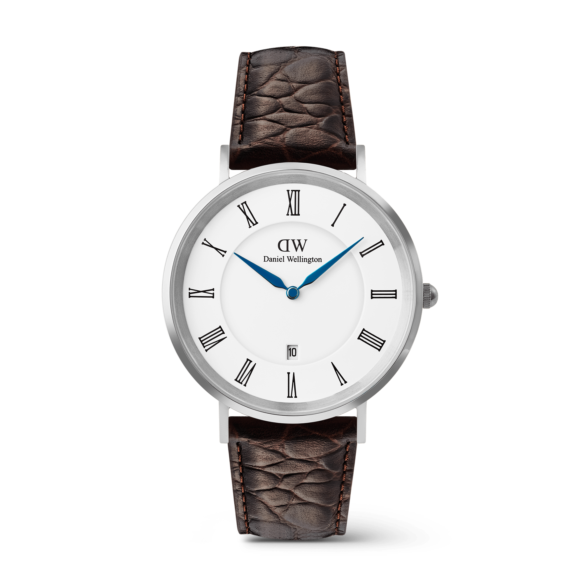 Daniel Wellington Classic Roman Numerals Date Dark Brown Croc Belly Silver