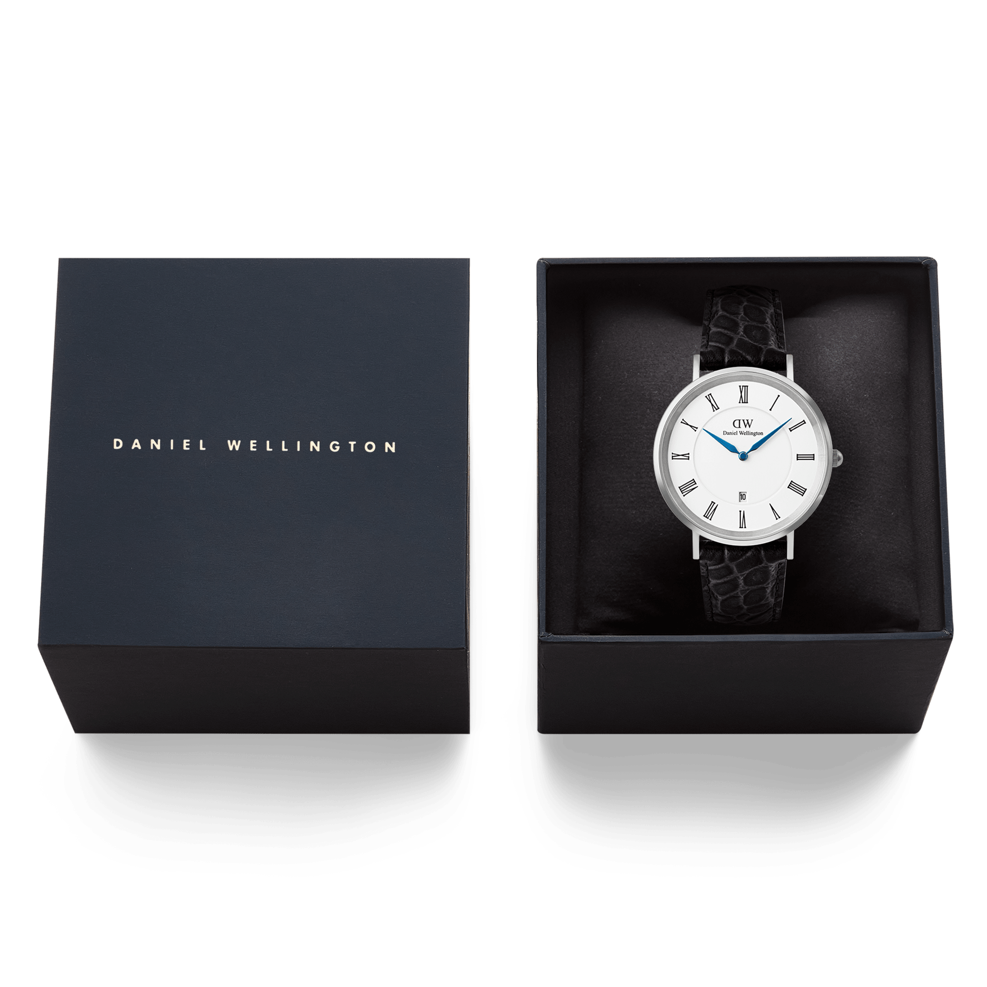 Daniel Wellington Classic Roman Numerals Date Black Croc Belly Silver