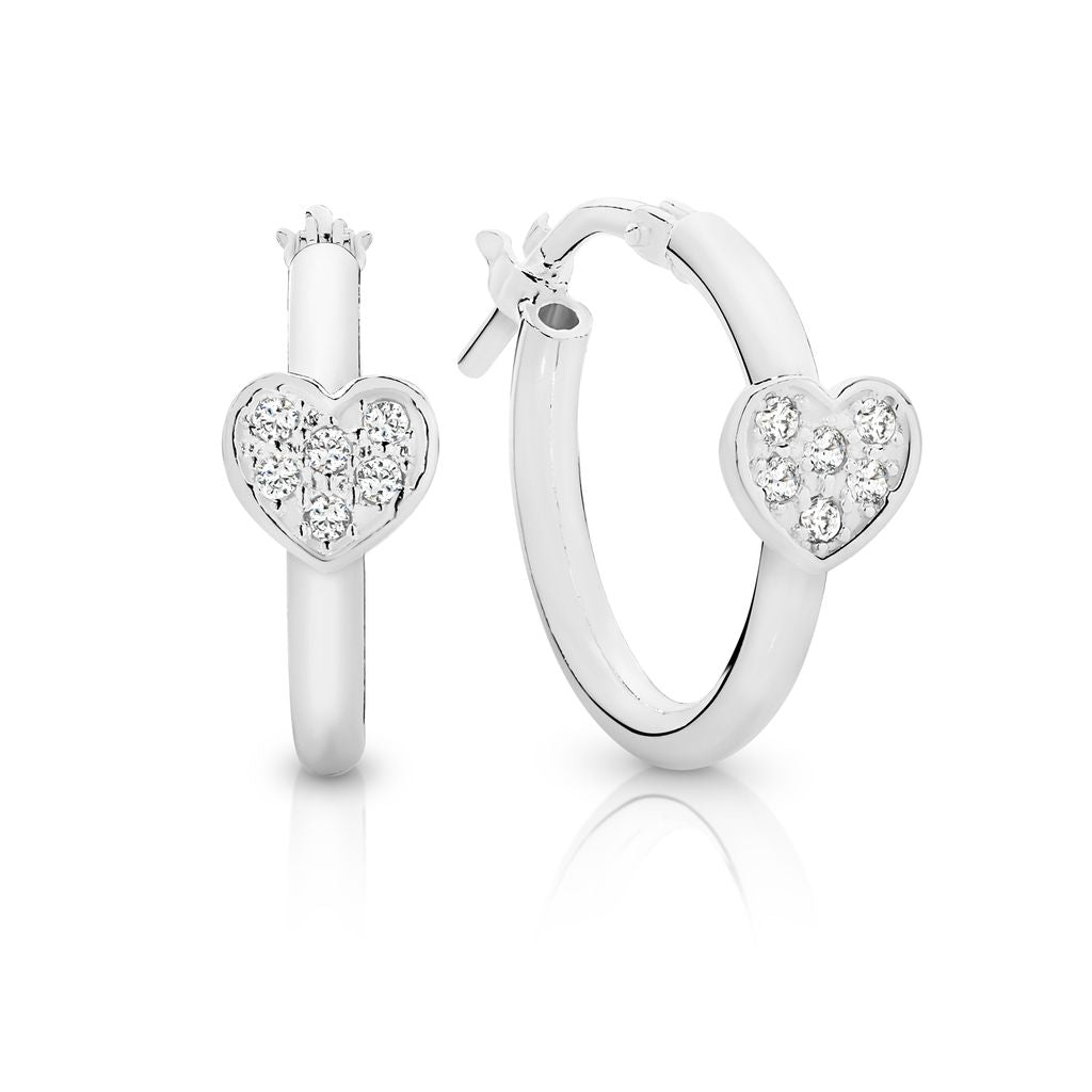 Silver polished hoops with cubic zirconia heart