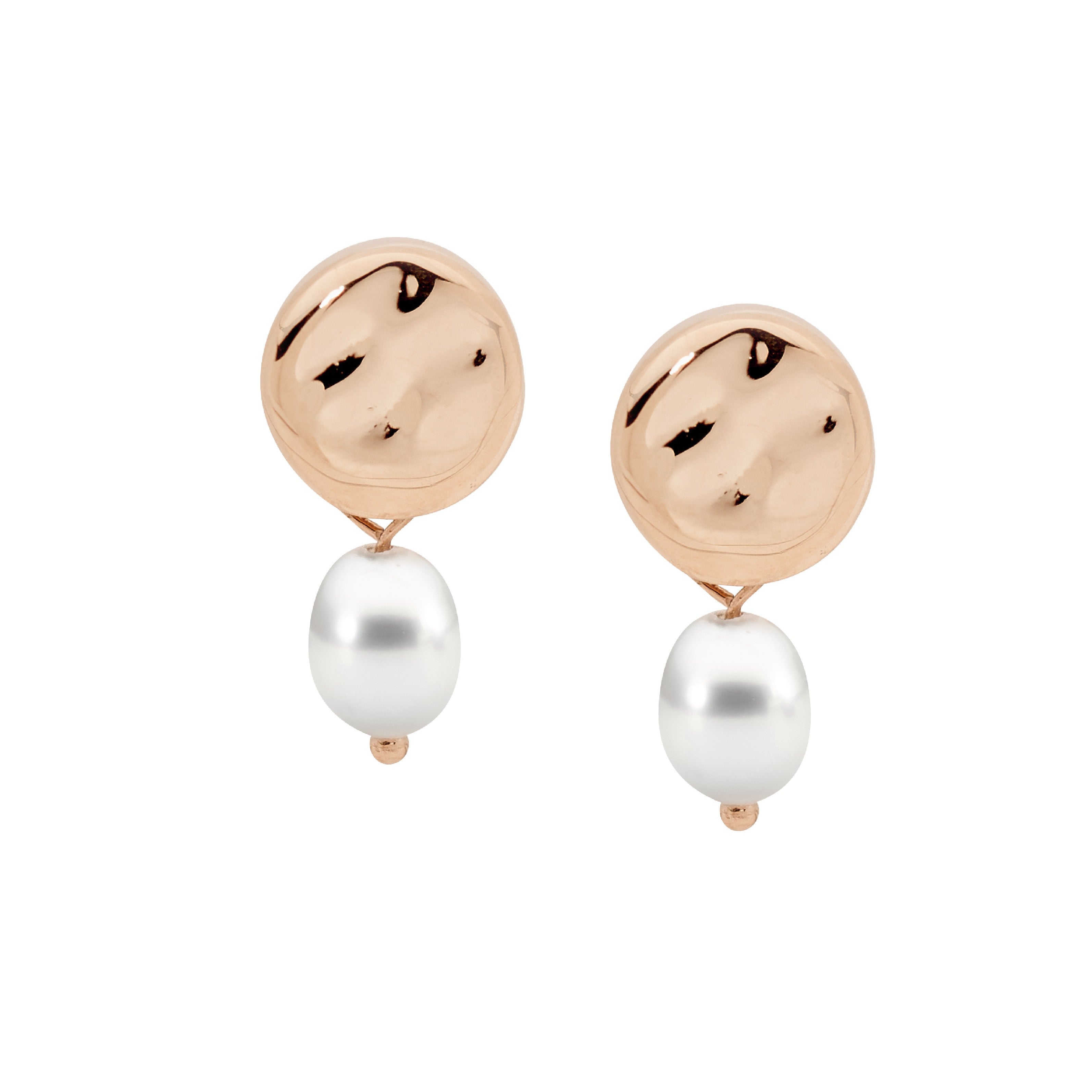 Stainless Steel Disk Earrings With Freshwater Pearl & Rose Gold IP Plating