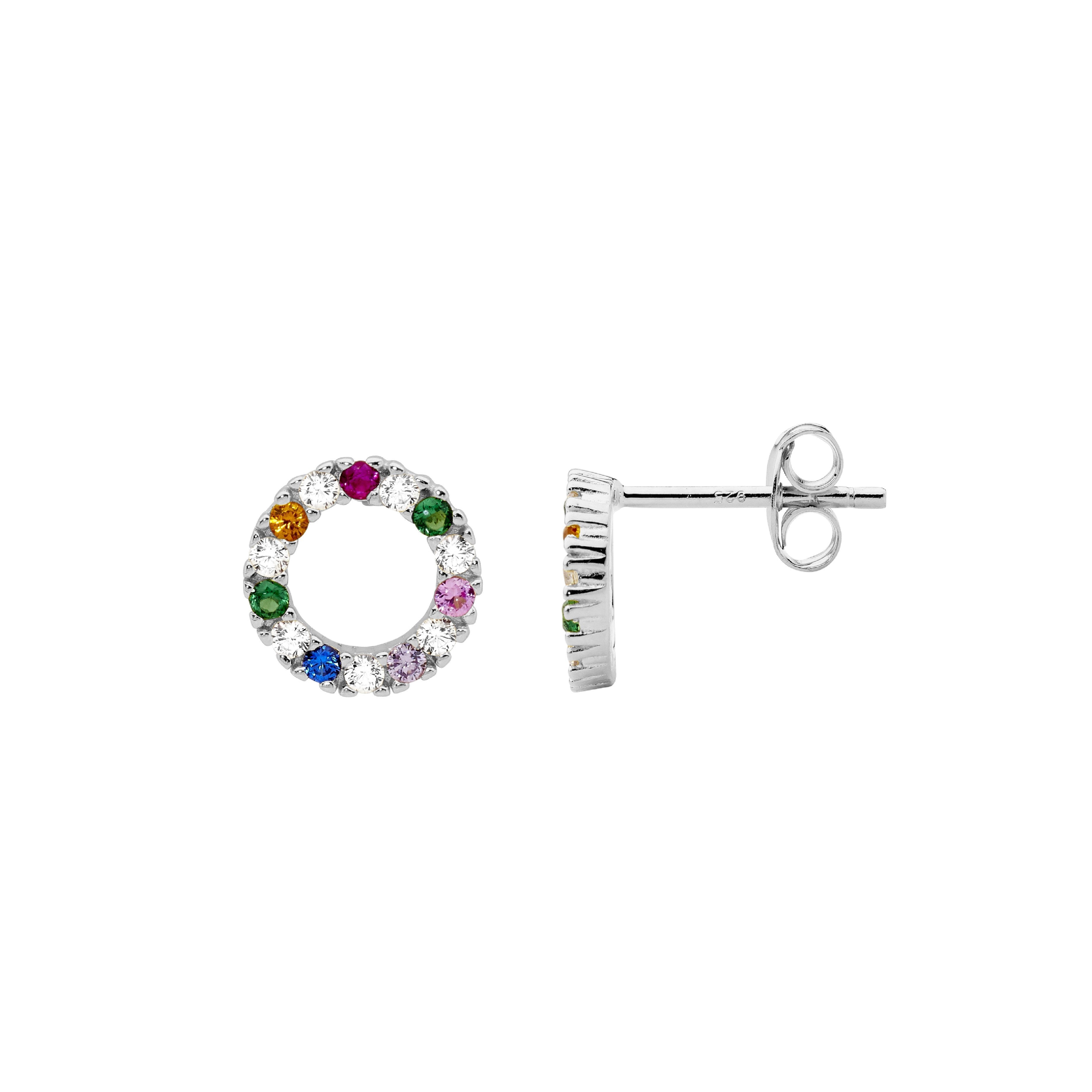 Sterling Silver & Multi Colour Cubic Zirconia 9mm Open Circle Earrings