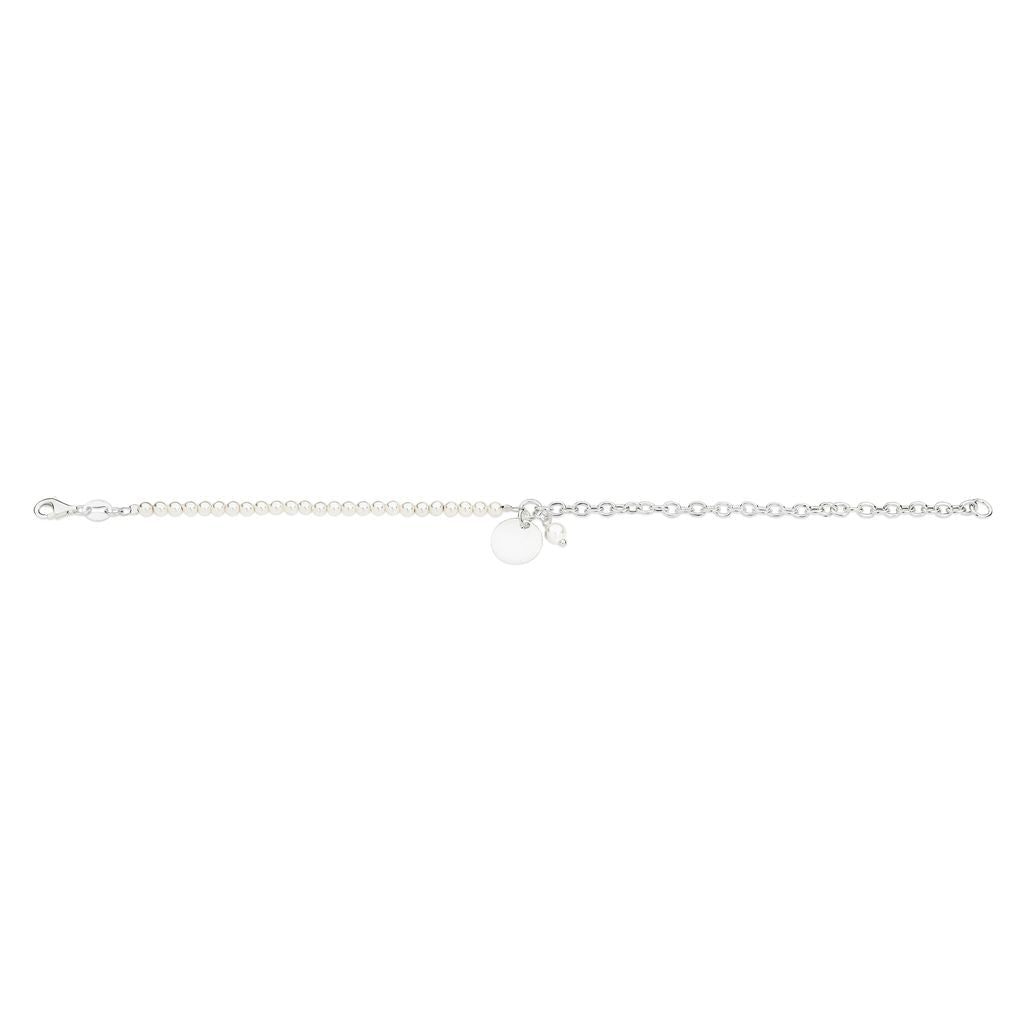 Silver cable link and freshwater pearl bracelet with engravable round disc