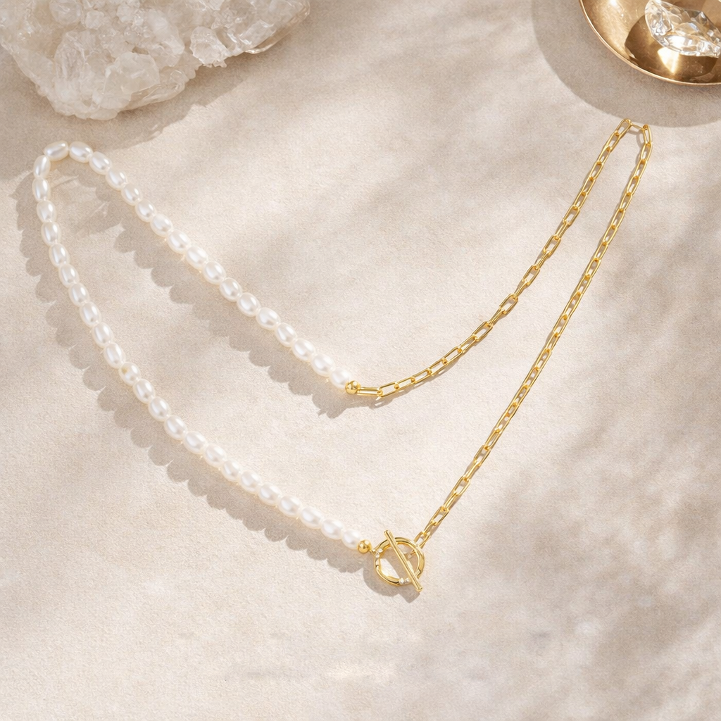 GEORGINI ALCHEMY PAPERCLIP PEARL FOB NECKLACE GOLD