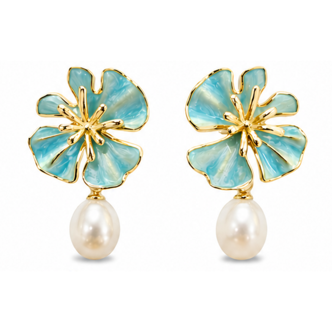 Gold Plated Sterling Silver Pearl & Blue Enamel Earrings