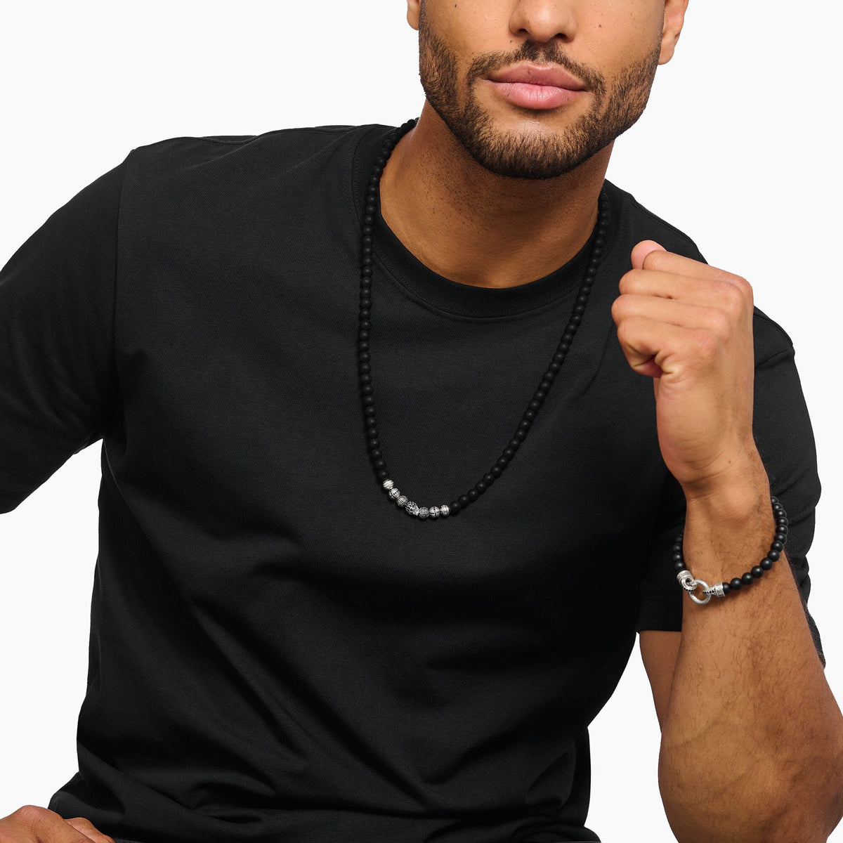 THOMAS SABO Obsidian necklace with skull and crosses
