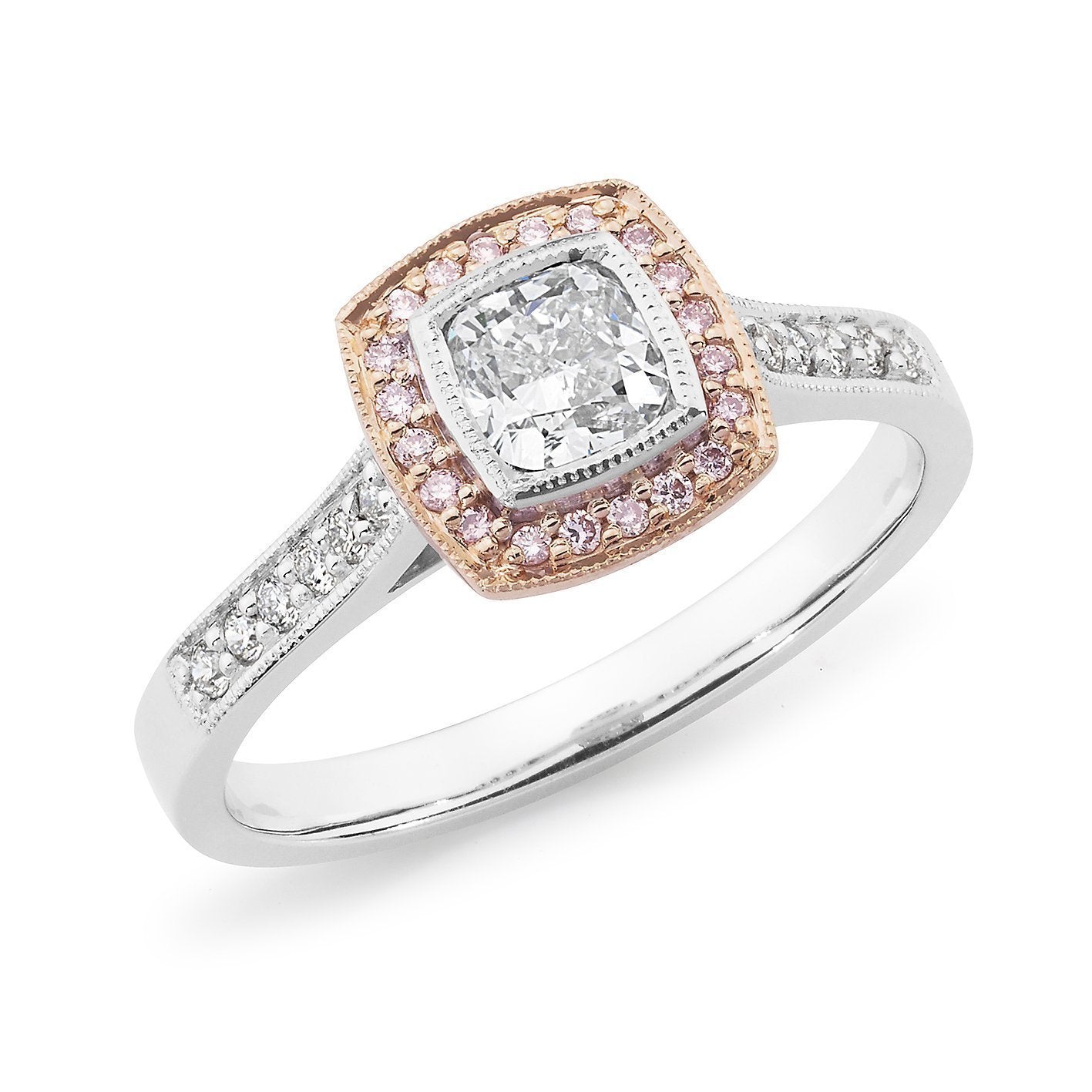 PINK CAVIAR 0.72ct White Cushion Cut & Pink Diamond Halo Engagement Ring in 18ct White Gold