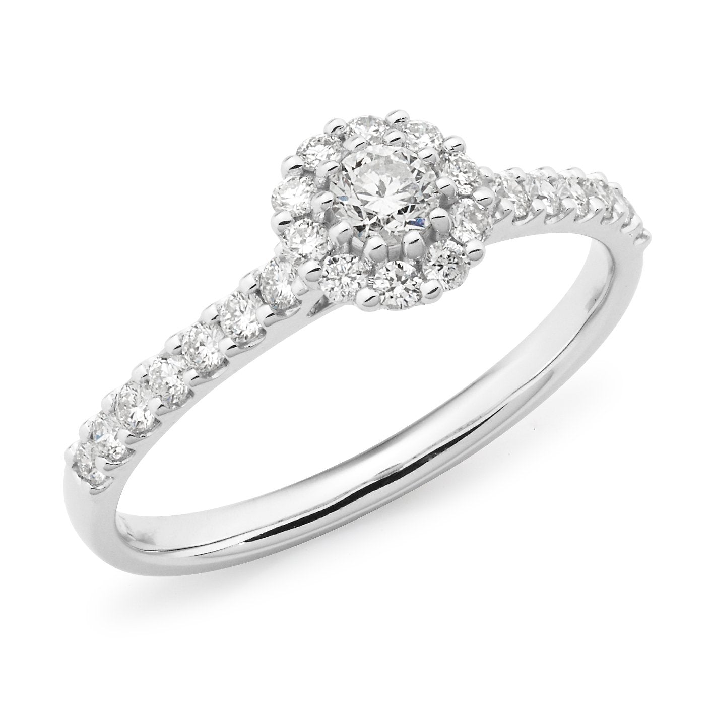 0.53ct Round Brilliant Cut Diamond Claw Set Halo Engagement Ring in 9ct White Gold