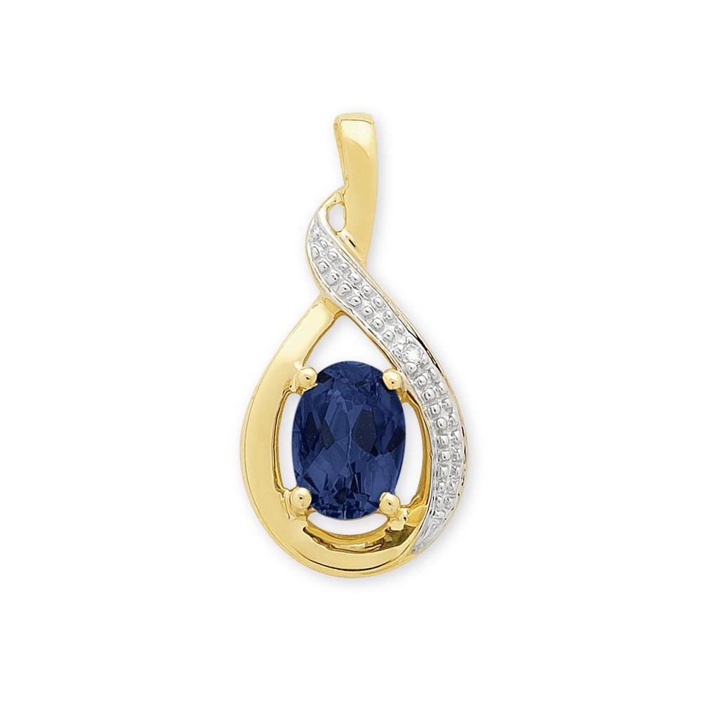 9Ct Gold Created Sapphire & Diamond Pendant