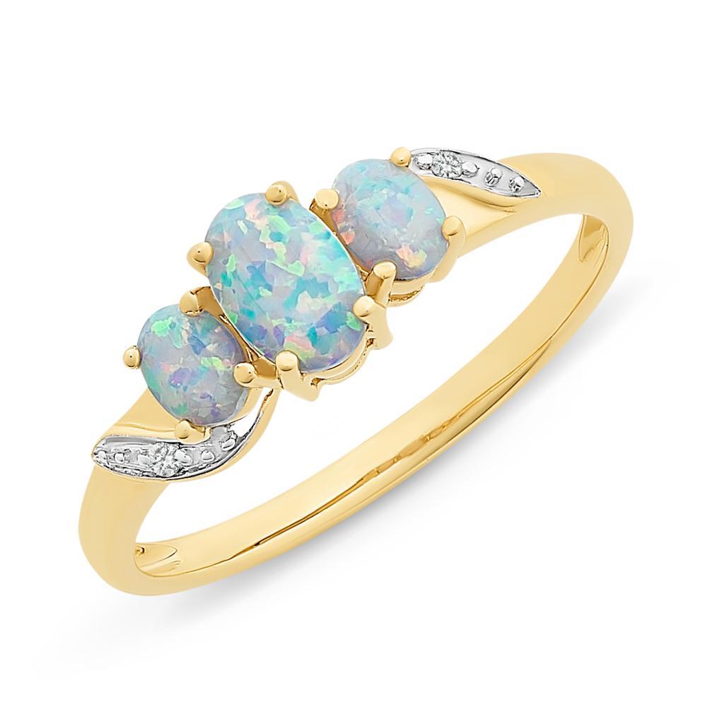 9Ct Gold Created Opal & Diamond Ring