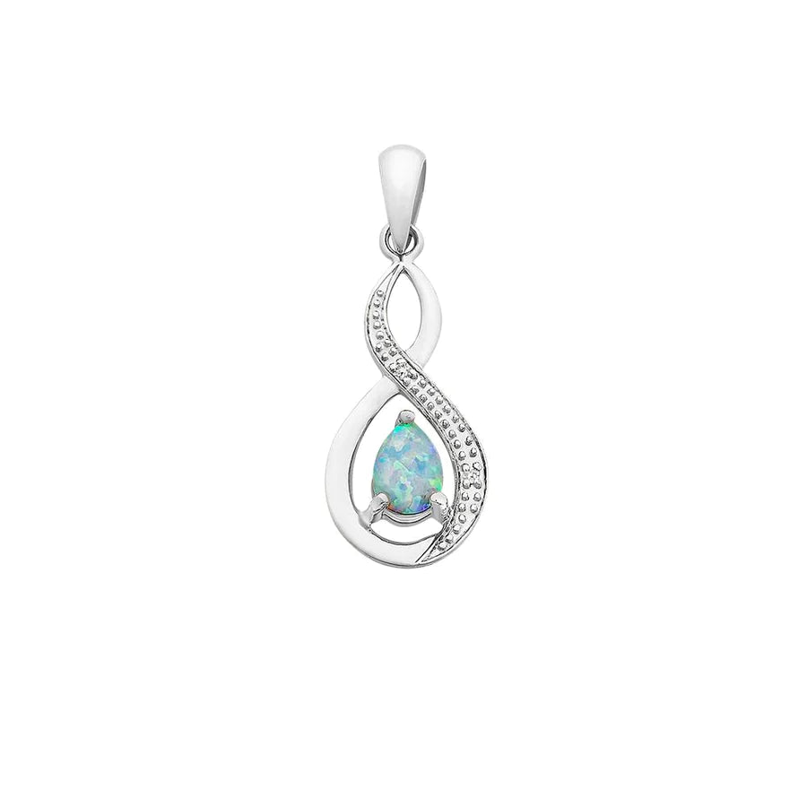 9ct White Gold Created Opal & Diamond Pendant