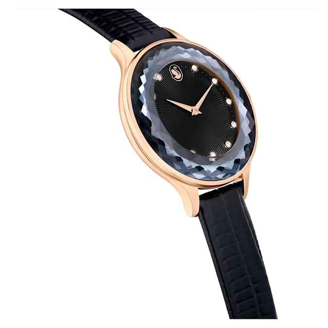 Swarovski Octea Nova watch Swiss Made, Leather strap, Black, Rose gold-tone finish