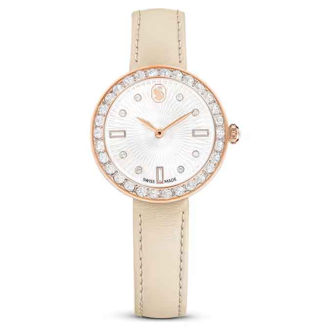 Swarovski Certa watch Swiss Made, Leather strap, Beige, Rose gold-tone finish