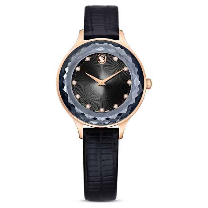Swarovski Octea Nova watch Swiss Made, Leather strap, Black, Rose gold-tone finish