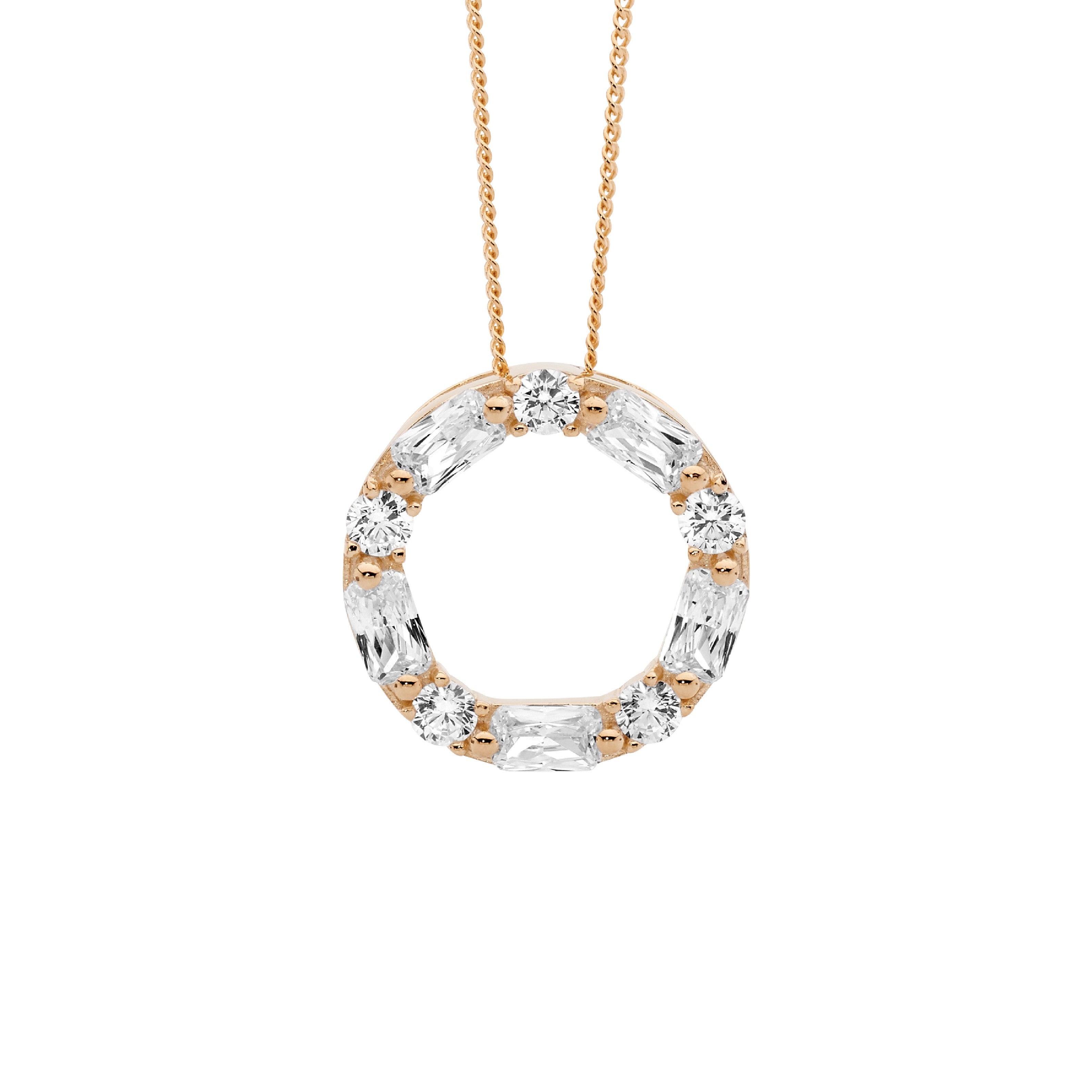 Sterling Silver Cubic Zirconia Round & Baguette 18mm Circle Pendant With Rose Gold Plating 